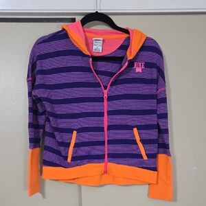 Nike Girls Purple Striped Zip Hoodie with Orange Trim Size Medium 10-12 Year Old